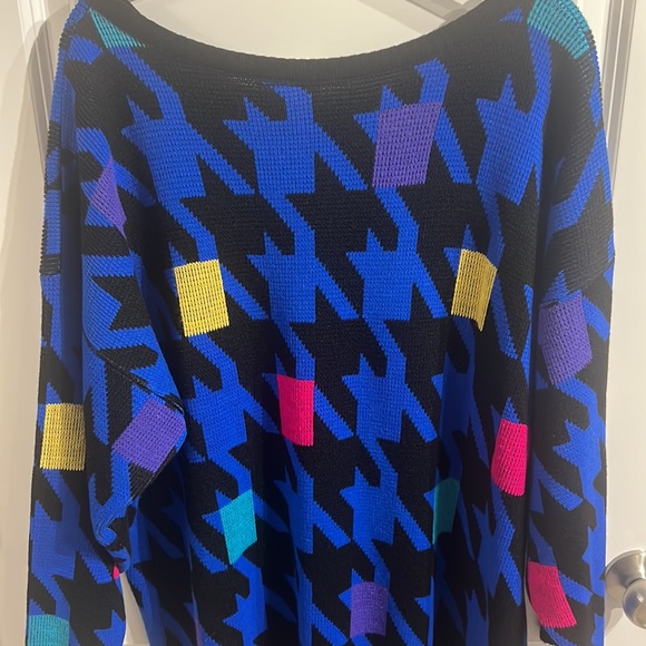 Vintage 80s Plus Size Houndstooth Geometric Funky Acrylic Dress Blue Yellow Pink - Picture 6 of 10